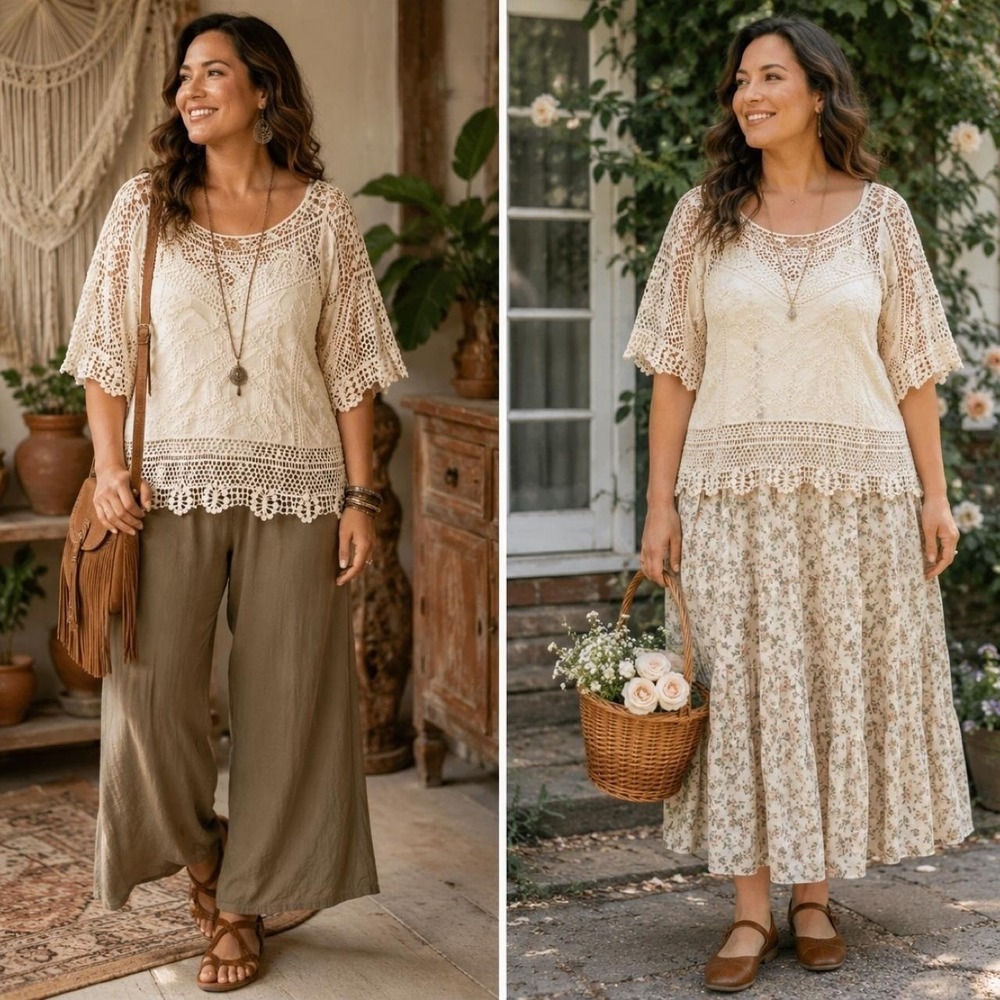Democracy Lace Crochet Boho Blouse Top L Ivory Bell Sleeve Boho Cottagecore